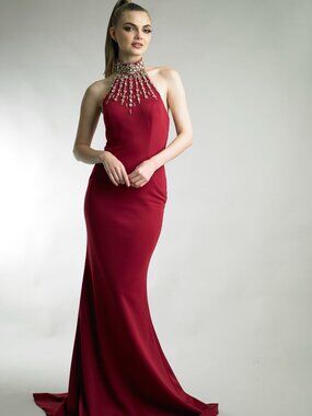 D1870L Crystal Halter Mermaid Gown - Wine